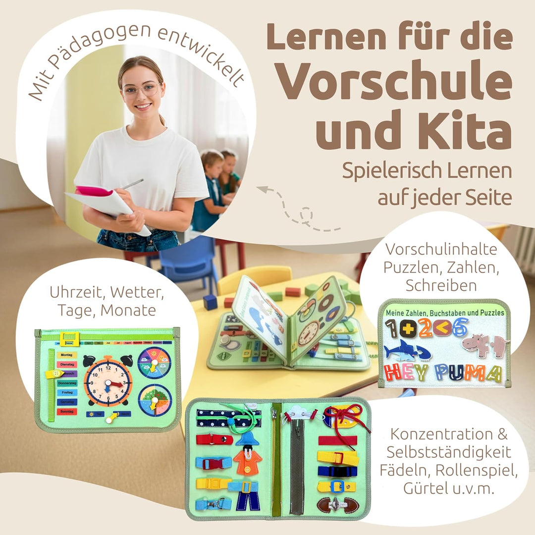 Mallie® Montessori Busy Board mit Rollenspiel-Set & Fingerpuppen [Version 2025] Lernbuch - Fördert F