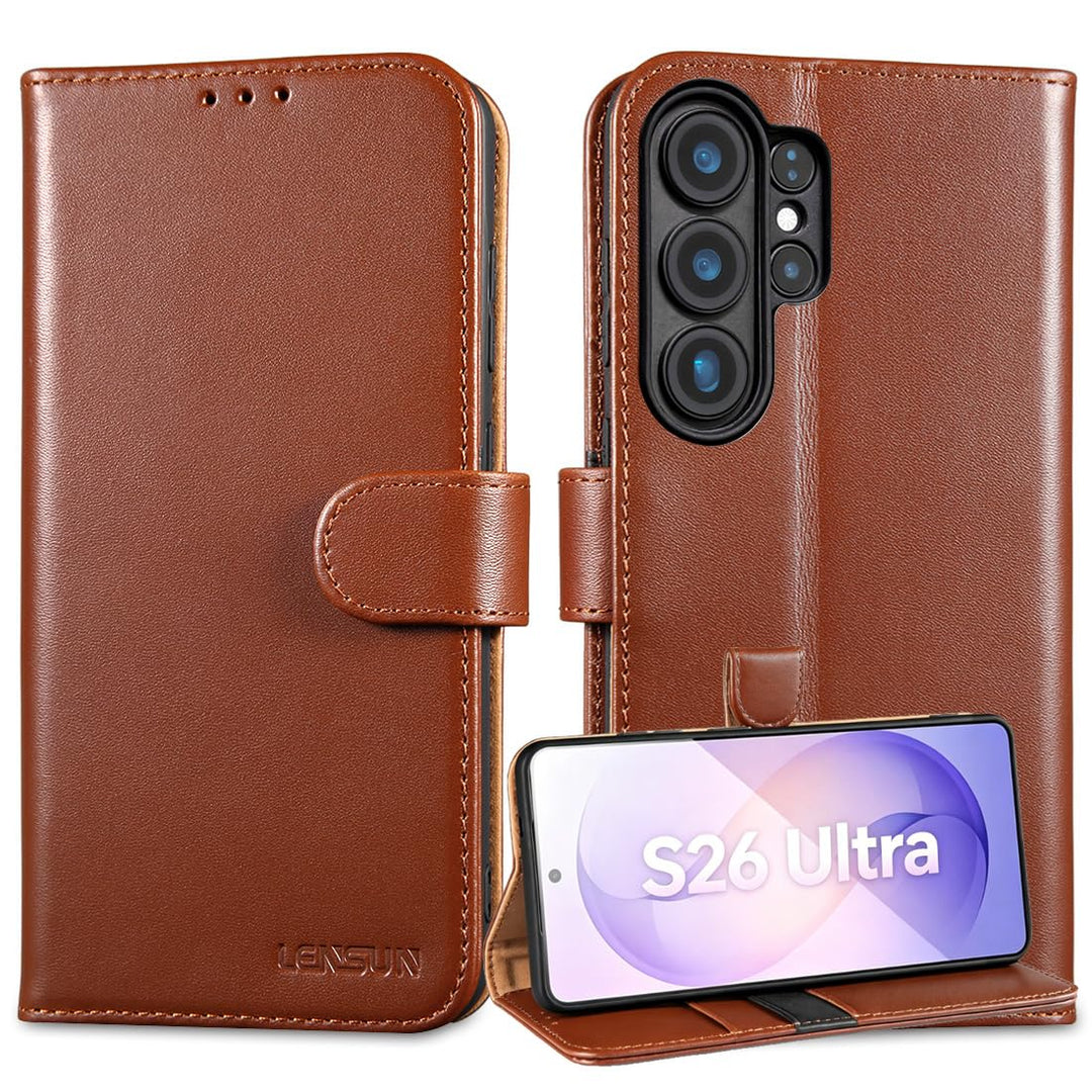 LENSUN Lederhülle für Samsung Galaxy S26 Ultra, Handyhülle [Echtes Leder] [RFID Schutz] Echtleder Hü