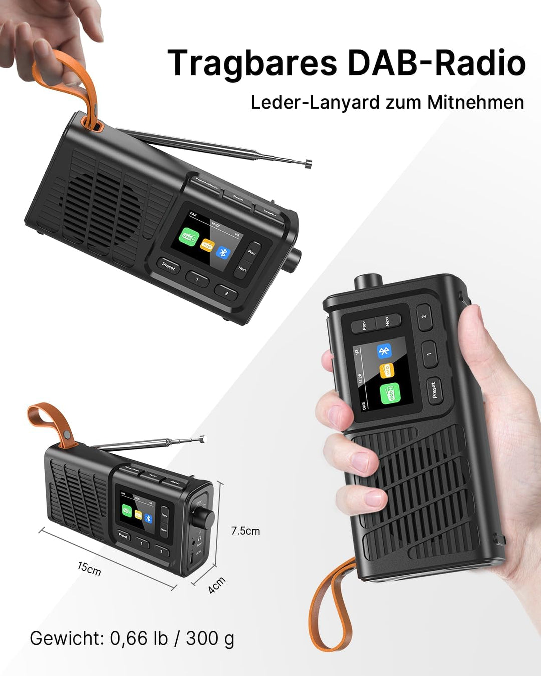 Tragbares DAB-Radio mit Bluetooth, USB wiederaufladbares FM-Radio, batteriebetriebene Digitalradios
