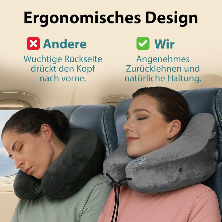 Nackenkissen aufblasbar von FLOWZOOM - aufblasbares Nackenhörnchen für Reisen in Flugzeug, Auto, Zug