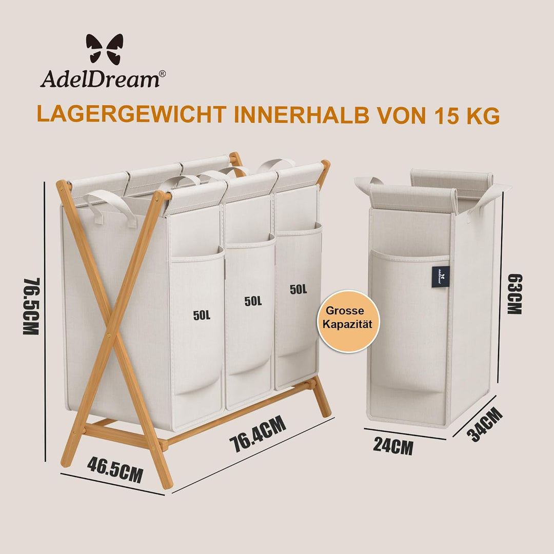 AdelDream Wäschekorb 3 Fächer 150L Bambus Wäschesammler Wäsche Sortiersystem X-förmige Wäschebox lau