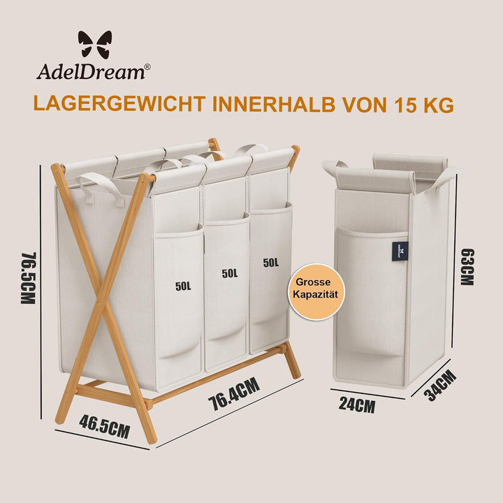 AdelDream Wäschekorb 3 Fächer 150L Bambus Wäschesammler Wäsche Sortiersystem X-förmige Wäschebox lau