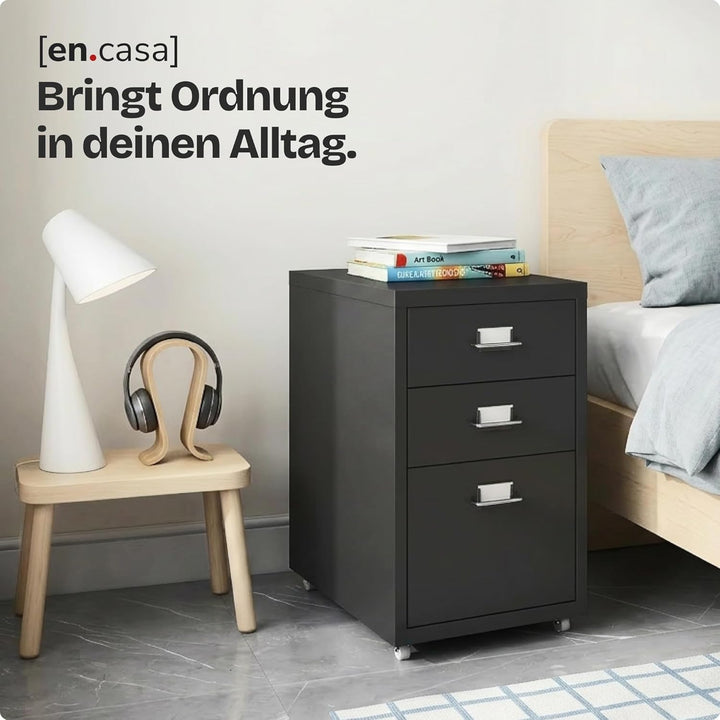 [en.casa] Rollcontainer Kökar Schubladenschrank Metall Aktenschrank mit 3 Schubladen Bürowagen mit R
