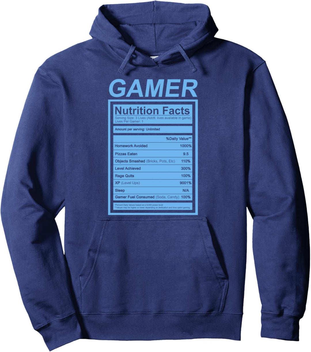 Gamer Nutrition Facts Blue Label Funny Pullover Hoodie