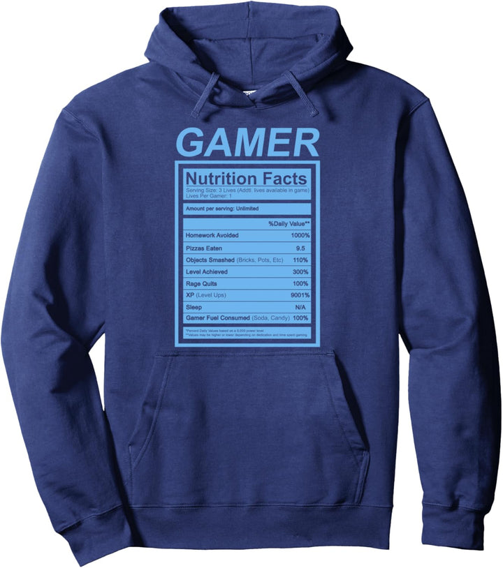 Gamer Nutrition Facts Blue Label Funny Pullover Hoodie