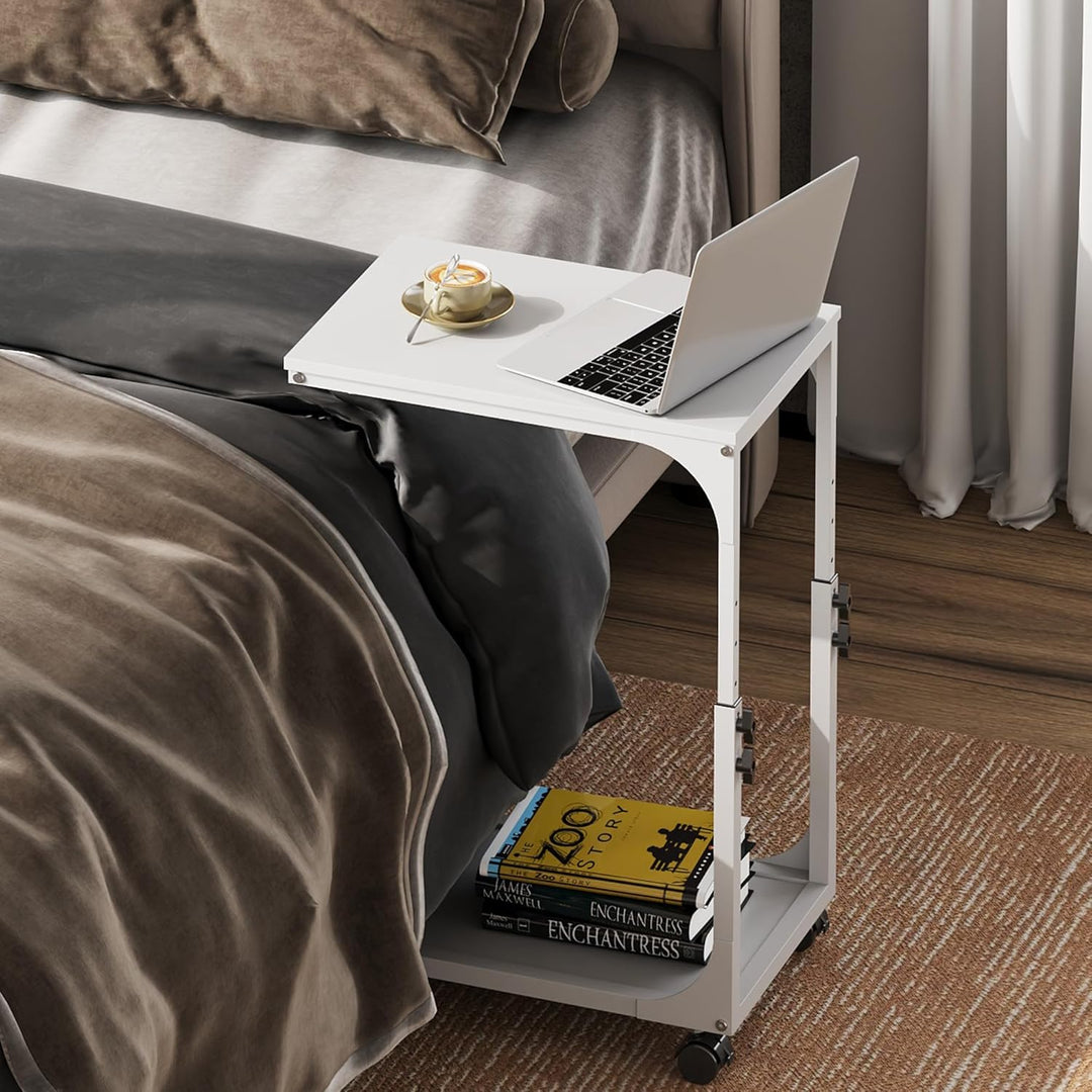 WLIVE Beistelltisch Couch Weiss, C Form Sofatisch mit Rollen, Kleiner Couchtisch mit 2 Etagen Ablage