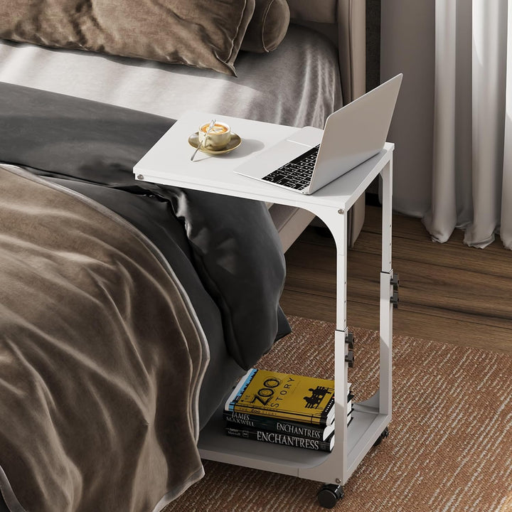 WLIVE Beistelltisch Couch Weiss, C Form Sofatisch mit Rollen, Kleiner Couchtisch mit 2 Etagen Ablage