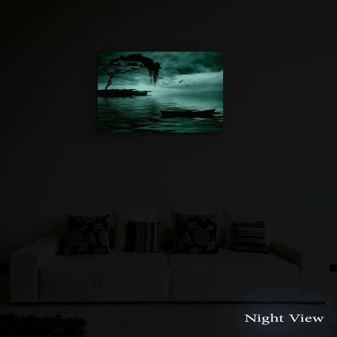 Startonight Bilder Blauer Landschaft Baum, Boot und Meer, Leinwandbilder Moderne Kunst, Abstrakte Wa