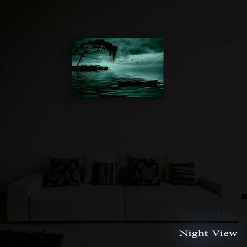 Startonight Bilder Blauer Landschaft Baum, Boot und Meer, Leinwandbilder Moderne Kunst, Abstrakte Wa