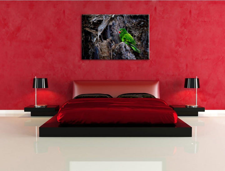 Dark grüner Papagei im Gehölz Spezial Format: 100x70 cm auf Leinwand, XXL riesige Bilder fertig gera