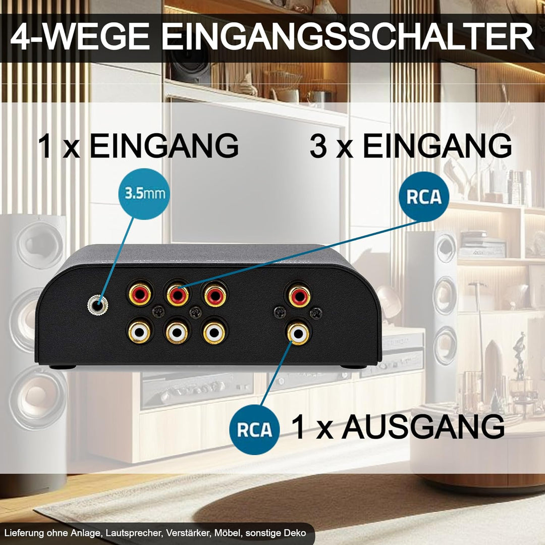 TronicXL Analog Stereo 4fach Eingangs Audio Schalter 1x AUX 3,5mm Klinke + 3X (2X Cinch Buchse) 2X R