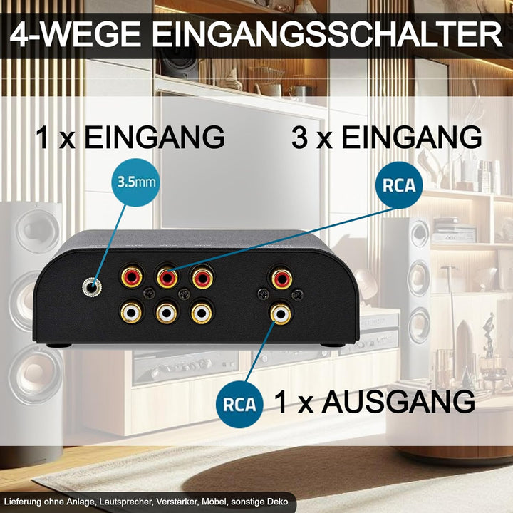 TronicXL Analog Stereo 4fach Eingangs Audio Schalter 1x AUX 3,5mm Klinke + 3X (2X Cinch Buchse) 2X R