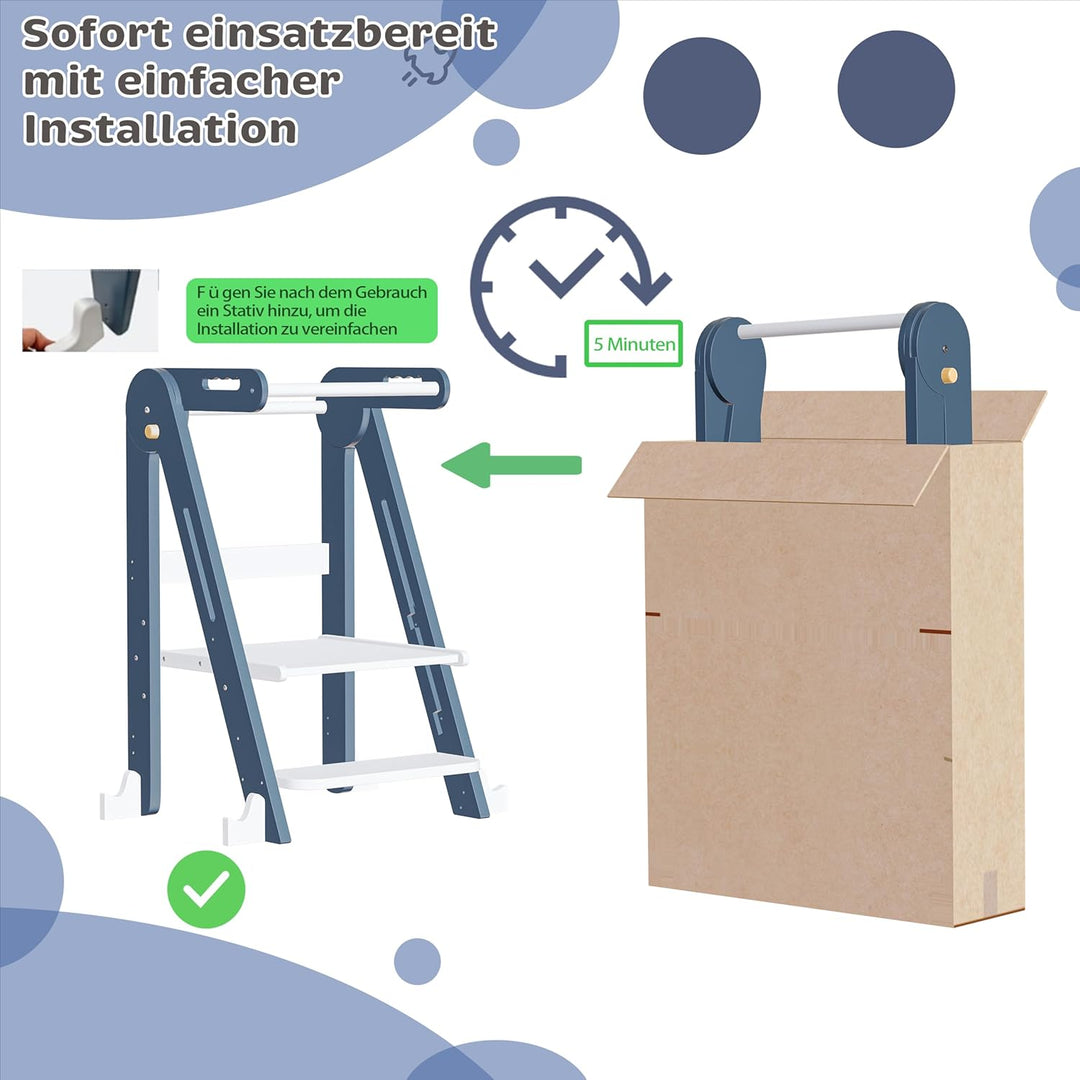 Klappbarer Toddler Tower Tritthocker, Höhenverstellbarer Kinderhocker mit Sicherheitsleiste & Rutsch