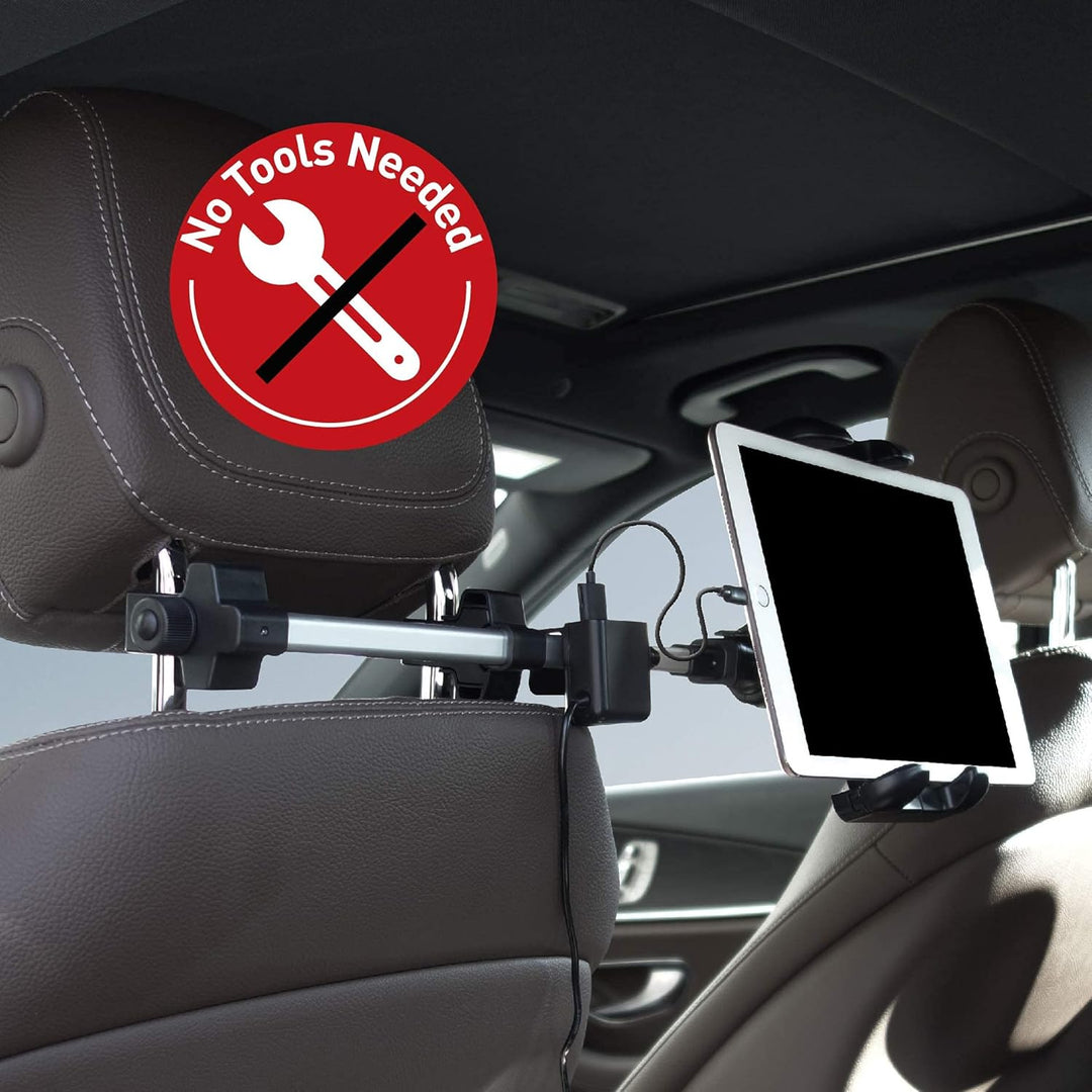 Macally Auto-Kopfstützen Tablet-Halterung mit USB-Lade-Hub & Zigarettenanzünder-Adapter – lädt 4 Ger