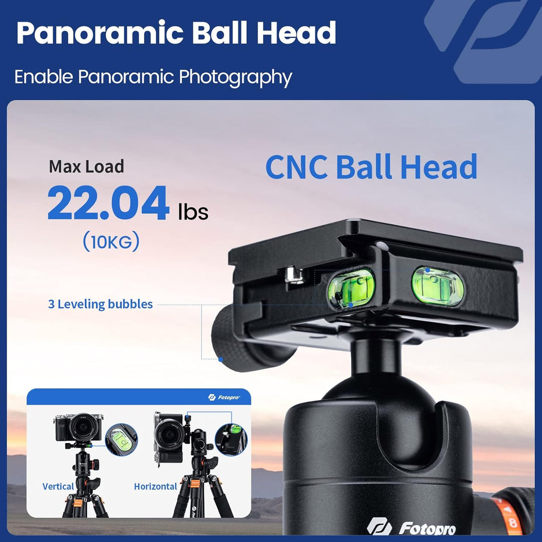 Fotopro Horizontales Kamerastativ, 160 cm Kamerastativ mit 360-Grad-Kugelkopf, Schnellwechselplatte