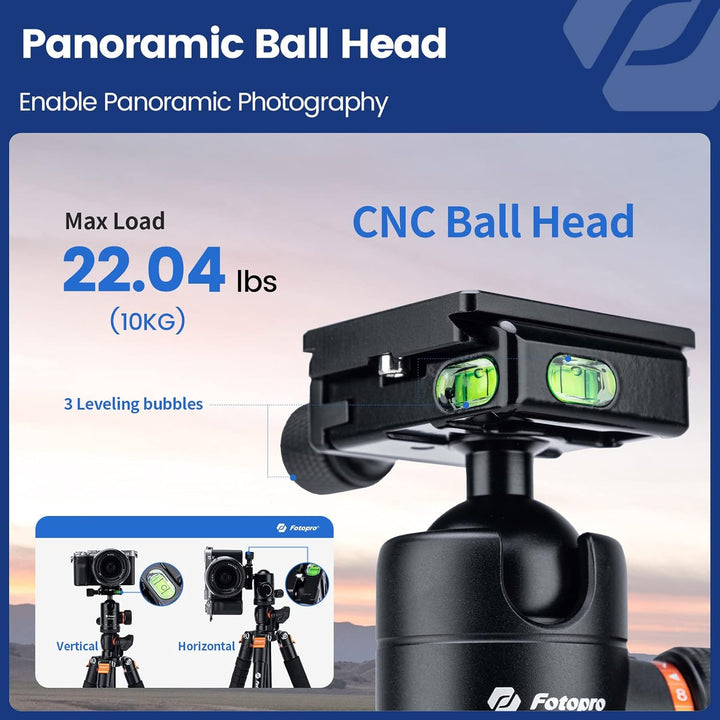Fotopro Horizontales Kamerastativ, 160 cm Kamerastativ mit 360-Grad-Kugelkopf, Schnellwechselplatte