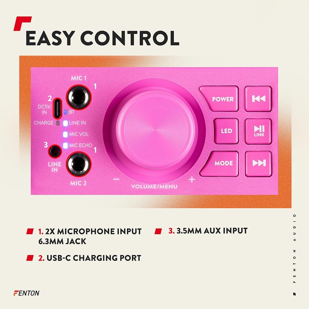 Fenton KAR55P – Musikbox Kinder Karaoke Anlage mit 2 Mikrofonen, Jelly Ball LED-Discolicht, Bluetoot