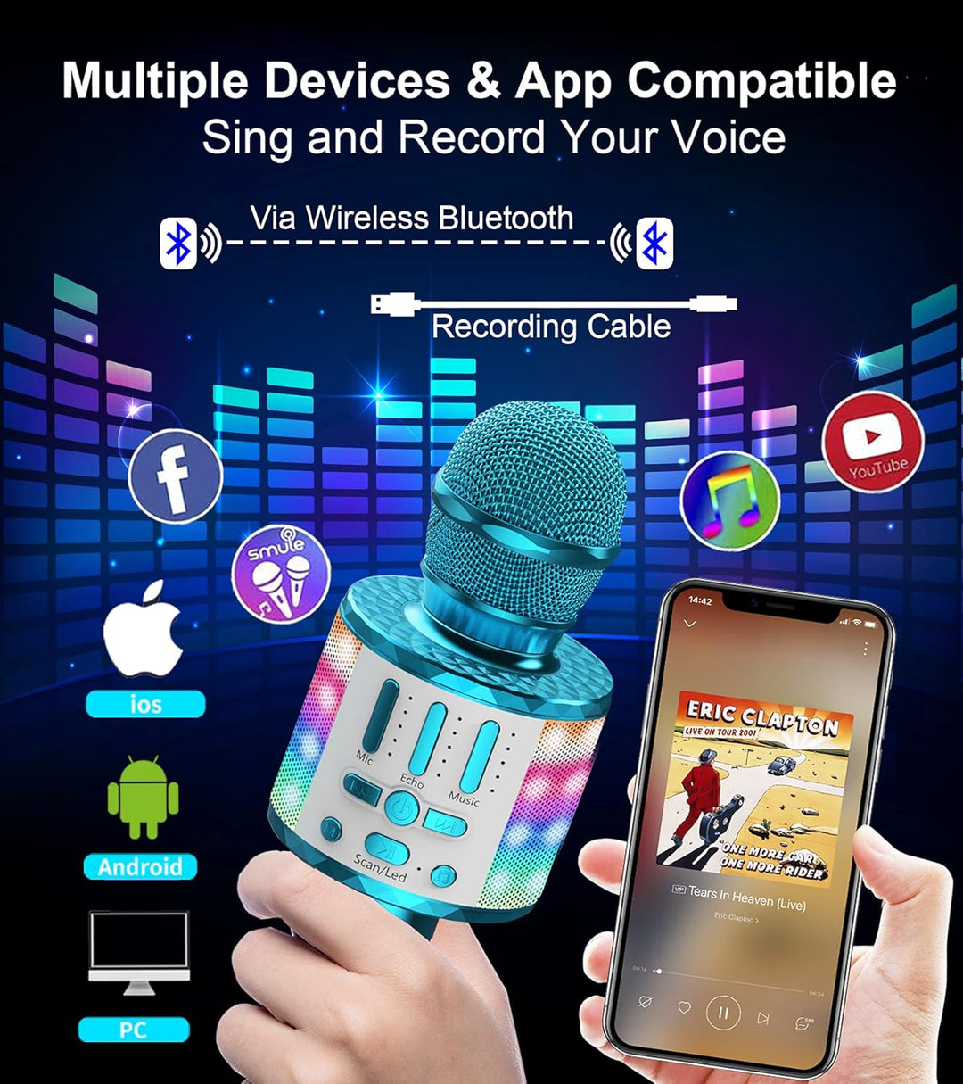 Karaoke Mikrofon, Drahtloses Bluetooth Mikrofon Kinder mit LED, Tragbares Karaoke Maschine zum Singe