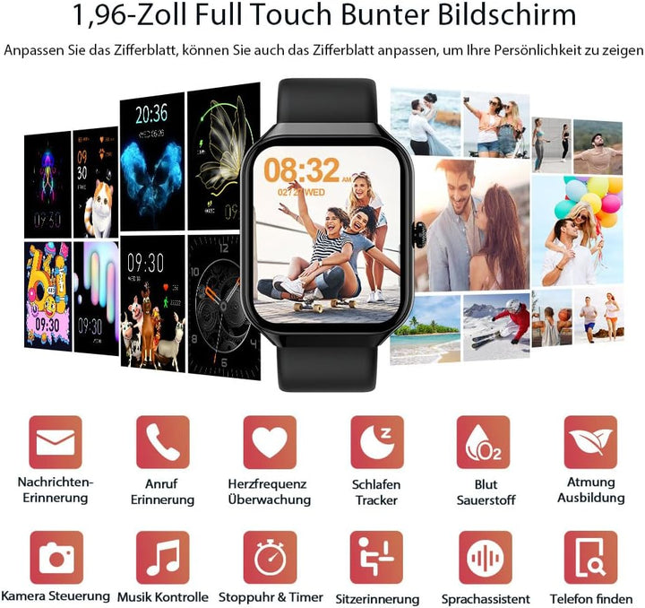 Smartwatch Damen Herren,1,96"HD Smartwatch Bluetooth-5.4-Anrufe,115+ Sportmodi Fitnessuhr, IP68 Wass