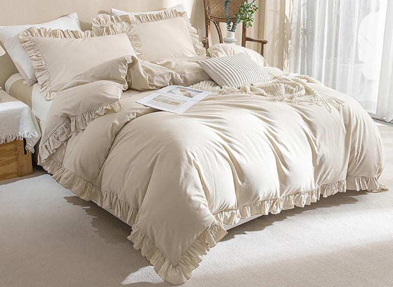 AShanlan Bettwäsche Rüschen 135x200 Beige Uni Einfarbig Romantisch Rüschenbettwäsche Set 2 Teilig Mi