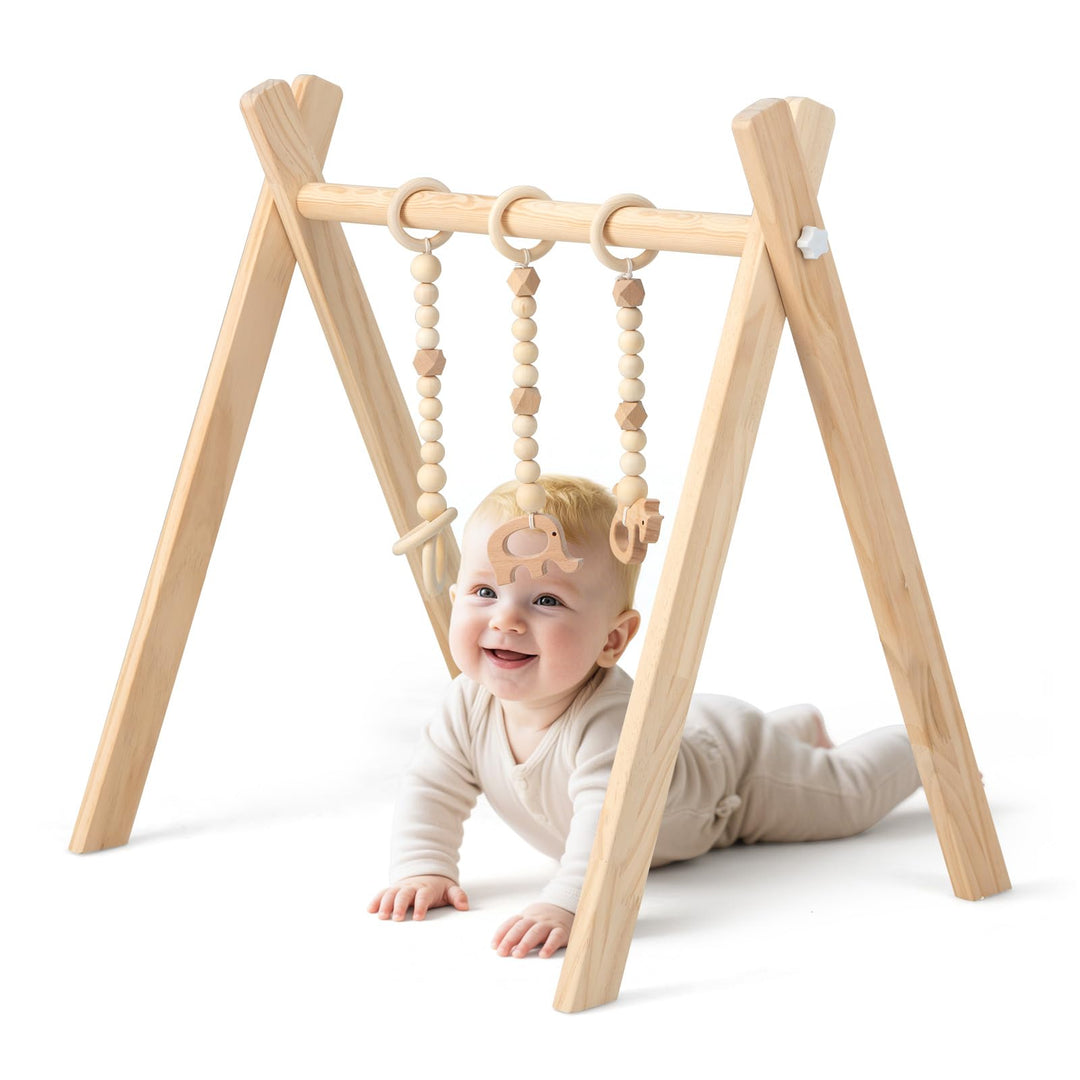 COSTWAY Baby Spielbogen Holz, Spieltrapez klappbar, Baby Gym mit 3 abnehmbaren Kinderspielzeugen, Sp