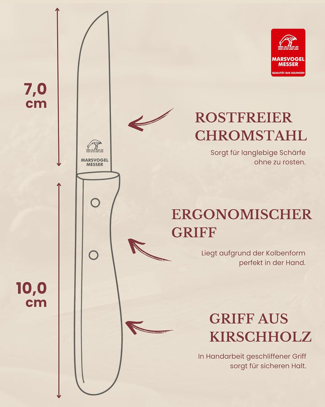 2 x Küchenmesser, rostfrei, sehr scharf, Klinge 3" = 7,2 cm, gerade, Kirschbaum-Holzgriff, Marsvogel