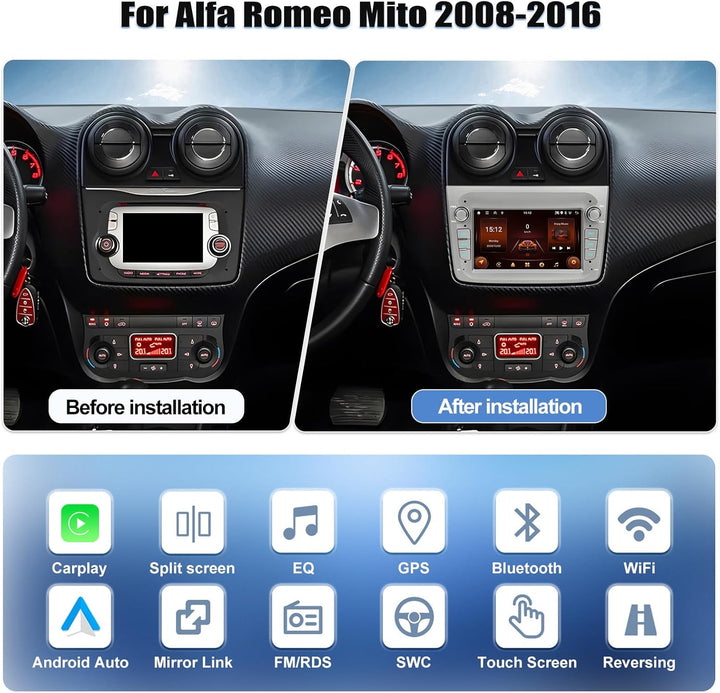 CAMECHO 2G+64G Android 13 Autoradio für Alfa Romeo MITO 2008-2016 mit Navi Carplay Android Auto Wire