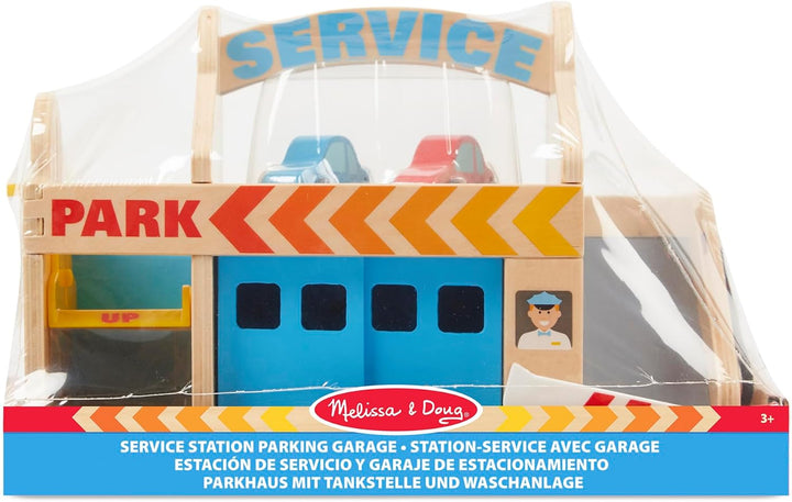 Melissa & Doug Service Station Parking Garage , Wooden Vehicle , Pretend Play , 3+ , Gift for Boy or