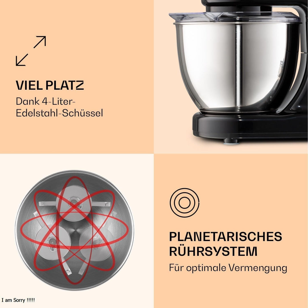 Klarstein Bella Küchenmaschine - Knetmaschine mit 6 Geschwindigkeitsstufen, Rührmaschne aus Edelstah
