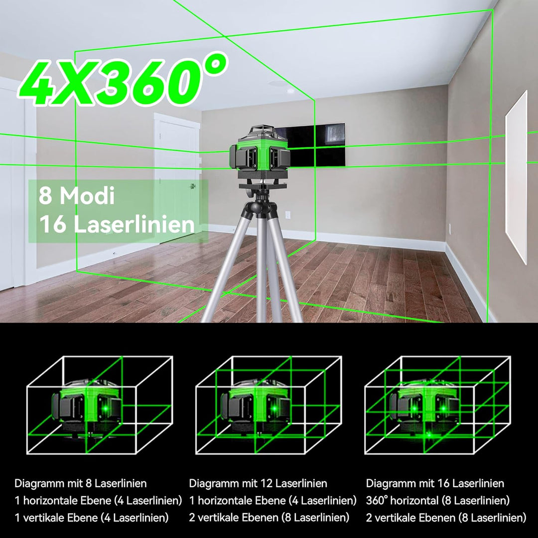 Kreuzlinienlaser mit Stativ, 4x360 Grad Grün Selbstnivellierend Laser Wasserwaage mit 2xBatterien 4D