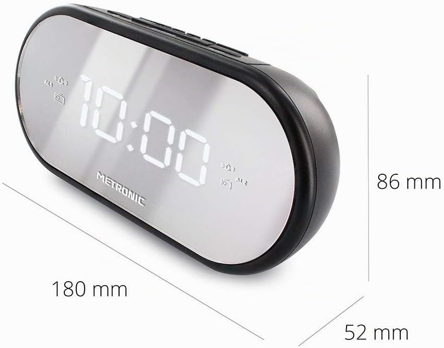 Metronic 477037 FM-Radiowecker, Spiegel, Doppelalarm, mit Sleep/Snooze-Funktion, einstellbare Hellig
