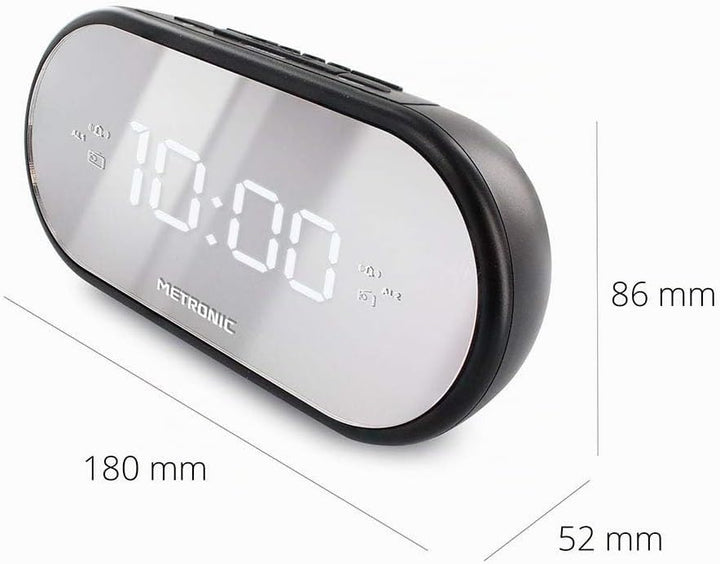 Metronic 477037 FM-Radiowecker, Spiegel, Doppelalarm, mit Sleep/Snooze-Funktion, einstellbare Hellig
