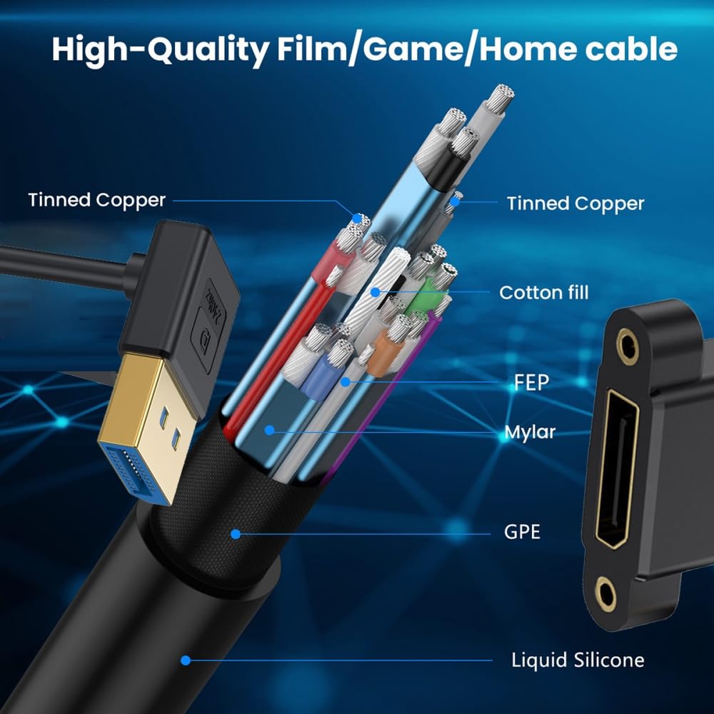 CY Cable Ultrafein nach unten abgewinkeltes DisplayPort 1.4 DP-Verlängerungskabel, Stecker auf Buchs