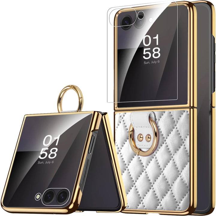 Miimall Lederhülle Kompatibel mit Samsung Galaxy Z Flip 7 Hülle mit Ring Ständer & Kameraschutz [Lux