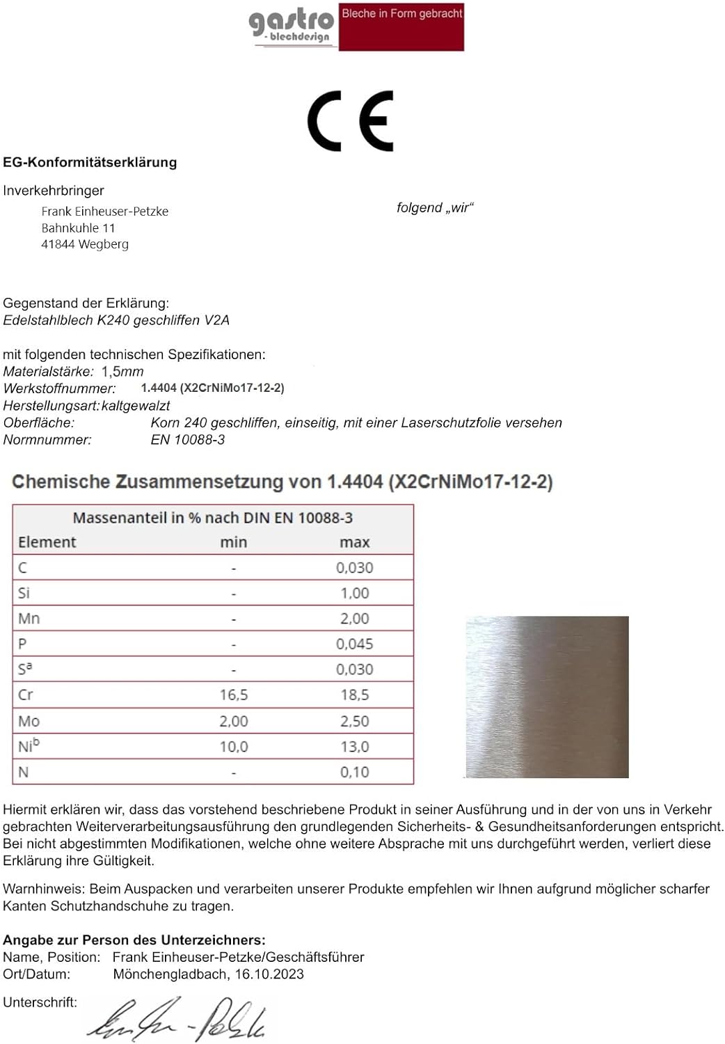 Edelstahl Winkelprofil V4A Länge 1250 mm Schenkel 50 x 50 mm Edelstahl Kantenschutz Wst.14571 Edelst