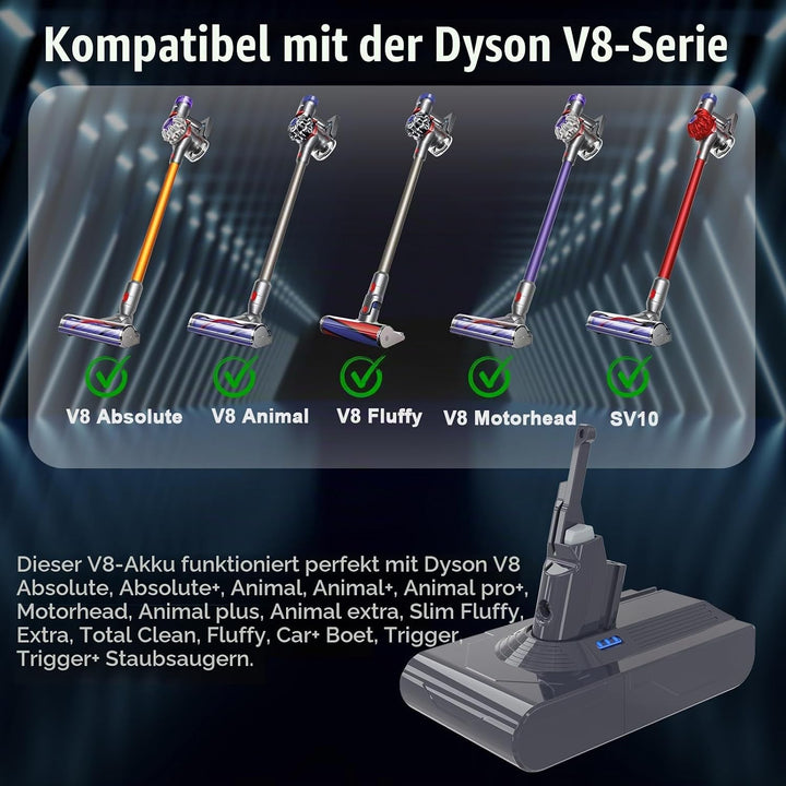 V8 Akku 6000mAh Ersatzakku für Dyson SV10 Absolute V8 Animal Motorhead Fluffy Staubsauger mit 2 Filt