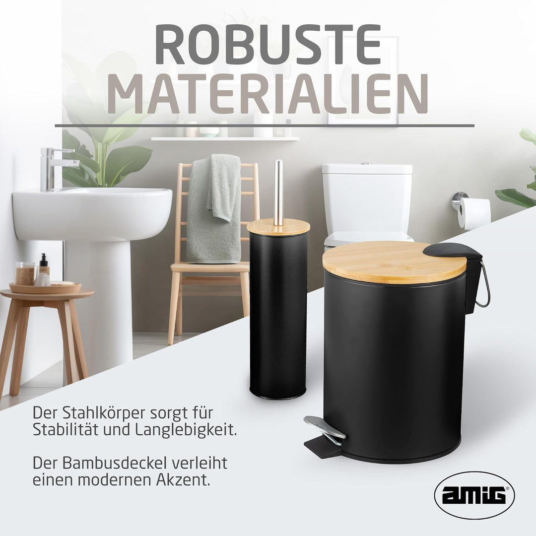 Amig - Set aus Mülleimer und WC-Bürstenhalter Naturline - Ø168 x 230 mm - Edelstahl und Bambus - Far