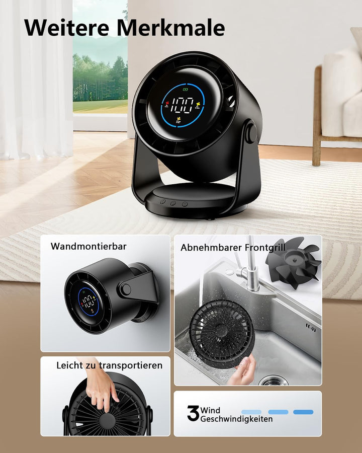 Tischventilator, USB Ventilator mit 100 Geschwindigkeitsstufen 105° Schwenkfunktion LED Display mit