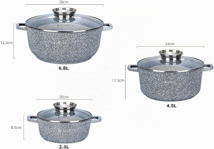 EliteHoff Kochtopf Set Induktion, Topf aus Aluminiumguss mit Antihaftbeschichtung, Topfset mit Glasd