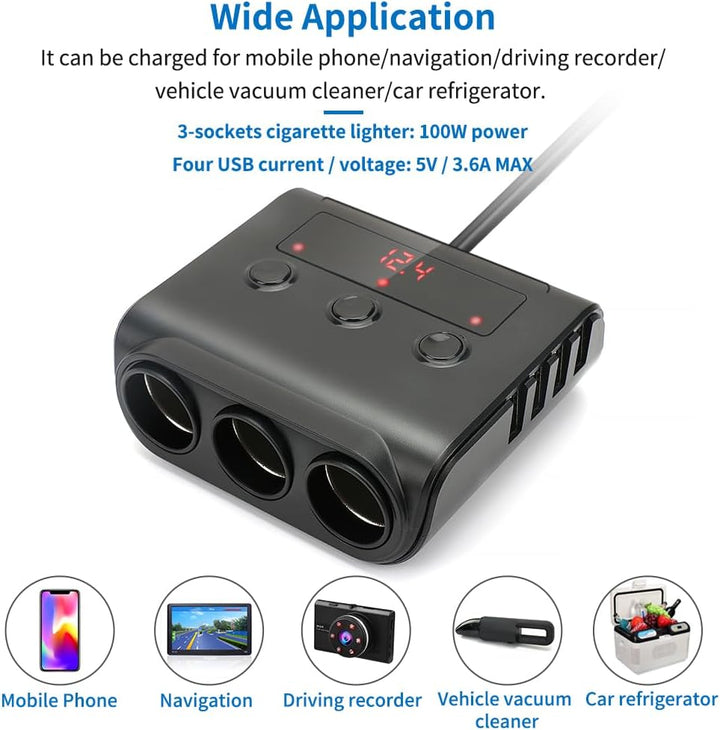 Auto Ladegerät Car Charger, 3 Fach KFZ Verteiler 12/24V Mehrfachstecker Zigarettenanzünder USB Autol
