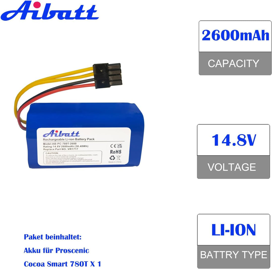 Aibatt Li-ion akku, Ersatzakku für Proscenic Cocoa Smart 780T, 790T Staubsauger, Ersatz für Prosceni