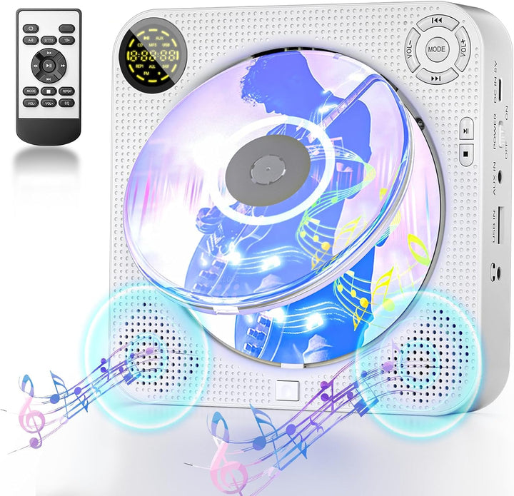 DESOBRY Tragbarer CD Player mit Bluetooth, Kleiner CD-Player für die Wandmontage mit Lautsprechern,