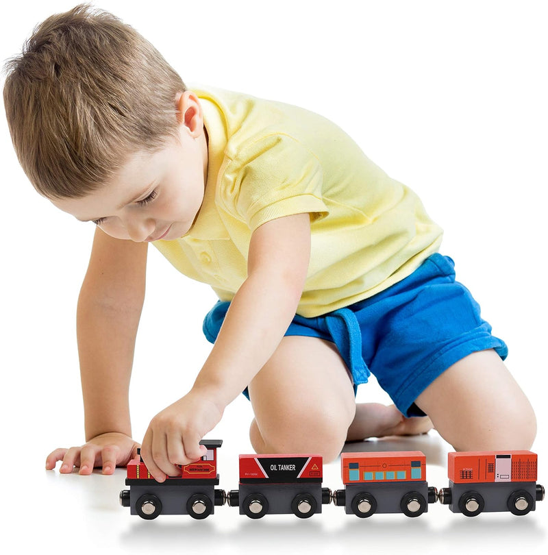 Kurtzy Zug Holzeisenbahn Set Magnetisch mit Aufbewahrungsbox (12-Teilig) – Kinderspielzeug Holzeisen