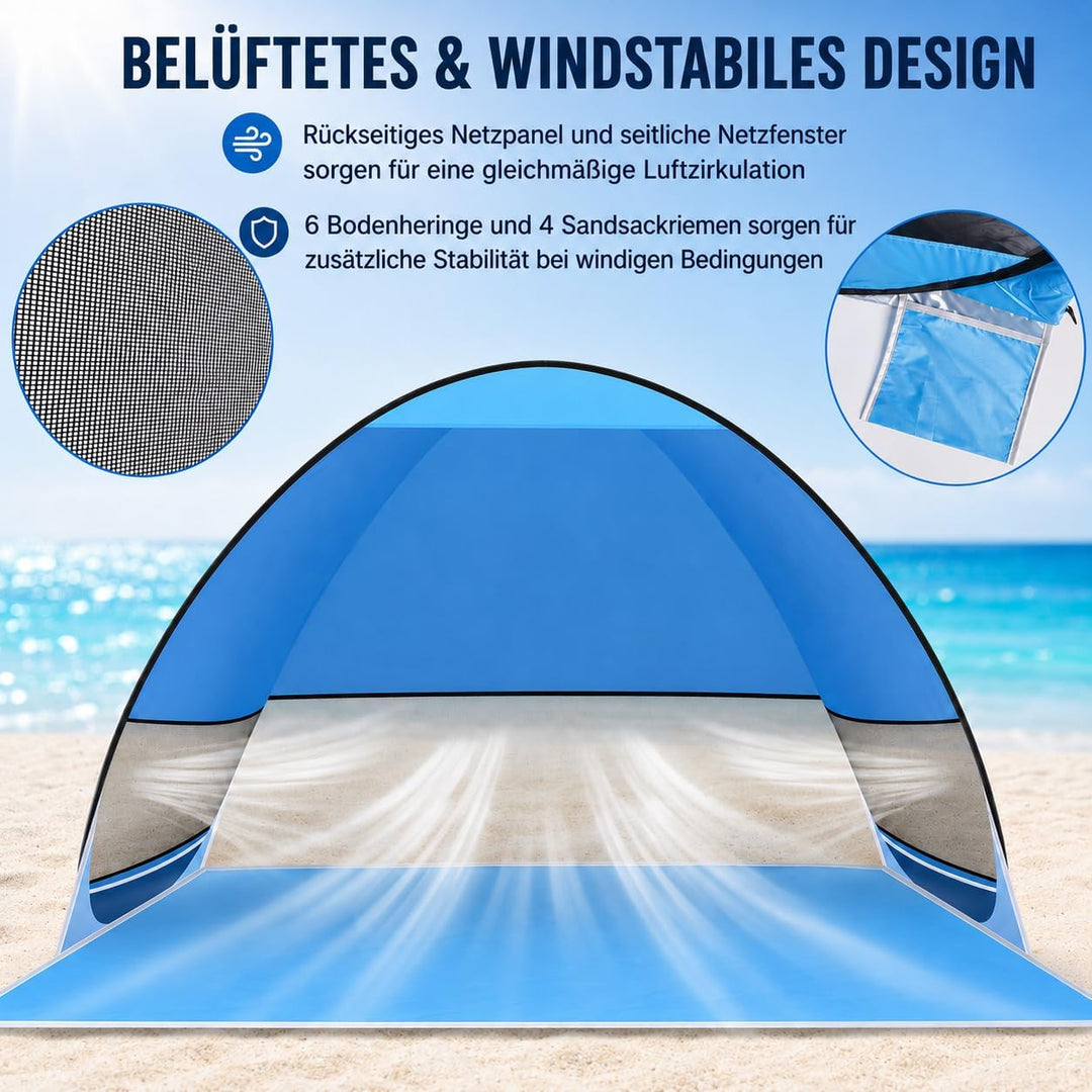 Strandmuschel Pop Up,3–4 Personen,UPF 50+,tragbares Strandzelt | Automatisches Sonnenzelt mit Reissv