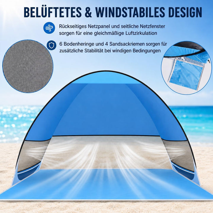 Strandmuschel Pop Up,3–4 Personen,UPF 50+,tragbares Strandzelt | Automatisches Sonnenzelt mit Reissv