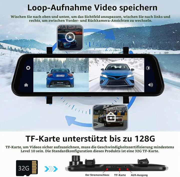 Hodozzy Spiegel Dashcam Carplay Wireless Android Auto Bluetooth 9,66 Zoll IPS Touchscreen Frontkamer