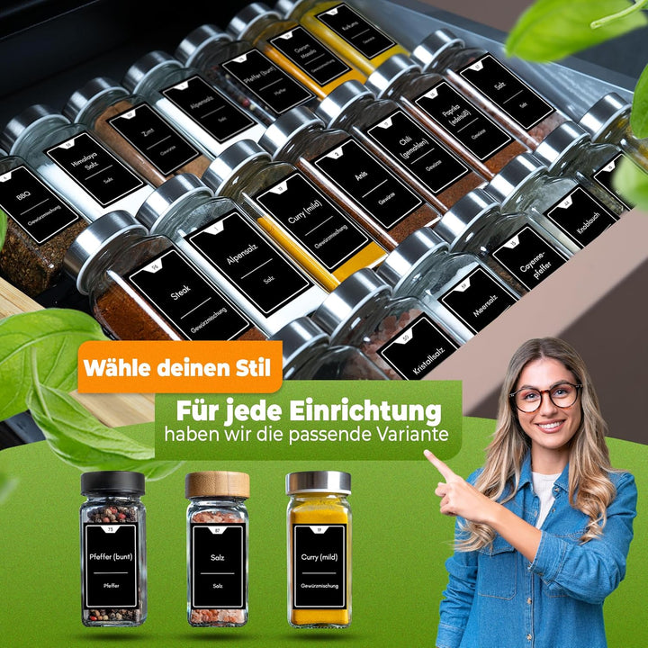 Gewürzgläser eckig [36 x 125ml], Luftdichte Gewürzgläser mit Streueinsatz + 248 wasserfeste Gewürzet