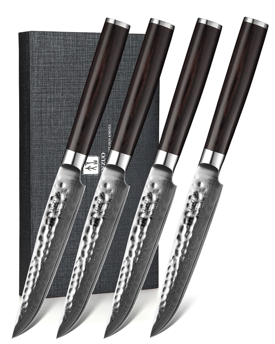 XINZUO 4-Teilig Steakmesser Set, 12.4cm Steakbesteck für 4 Personen, profi Damaststahl Steakmesser s