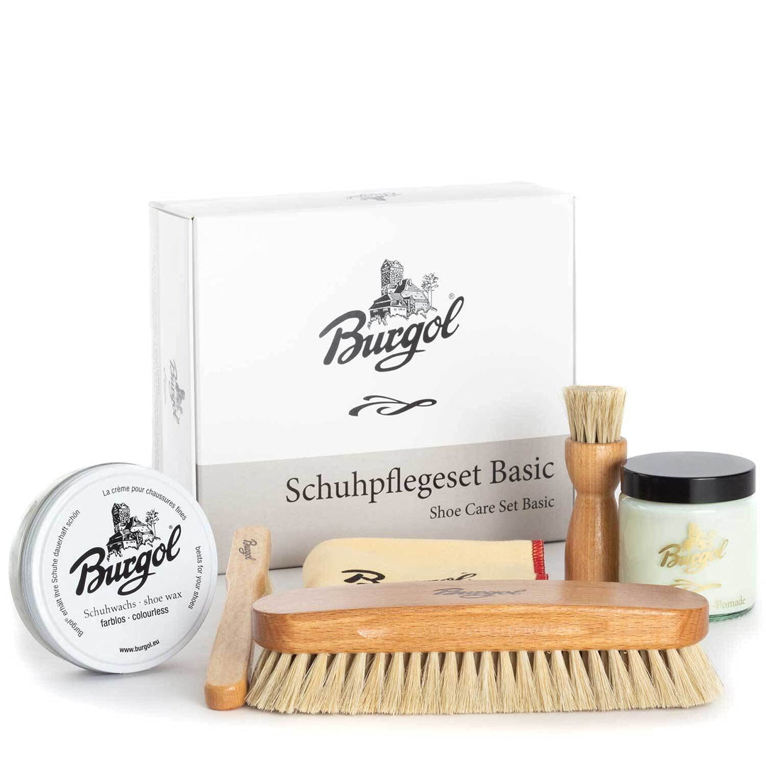 Burgol Schuhpflegeset Basic mit Schuhpomade, Schuhwachs, Rosshaarbürsten und Poliertuch: Farbe: Farb