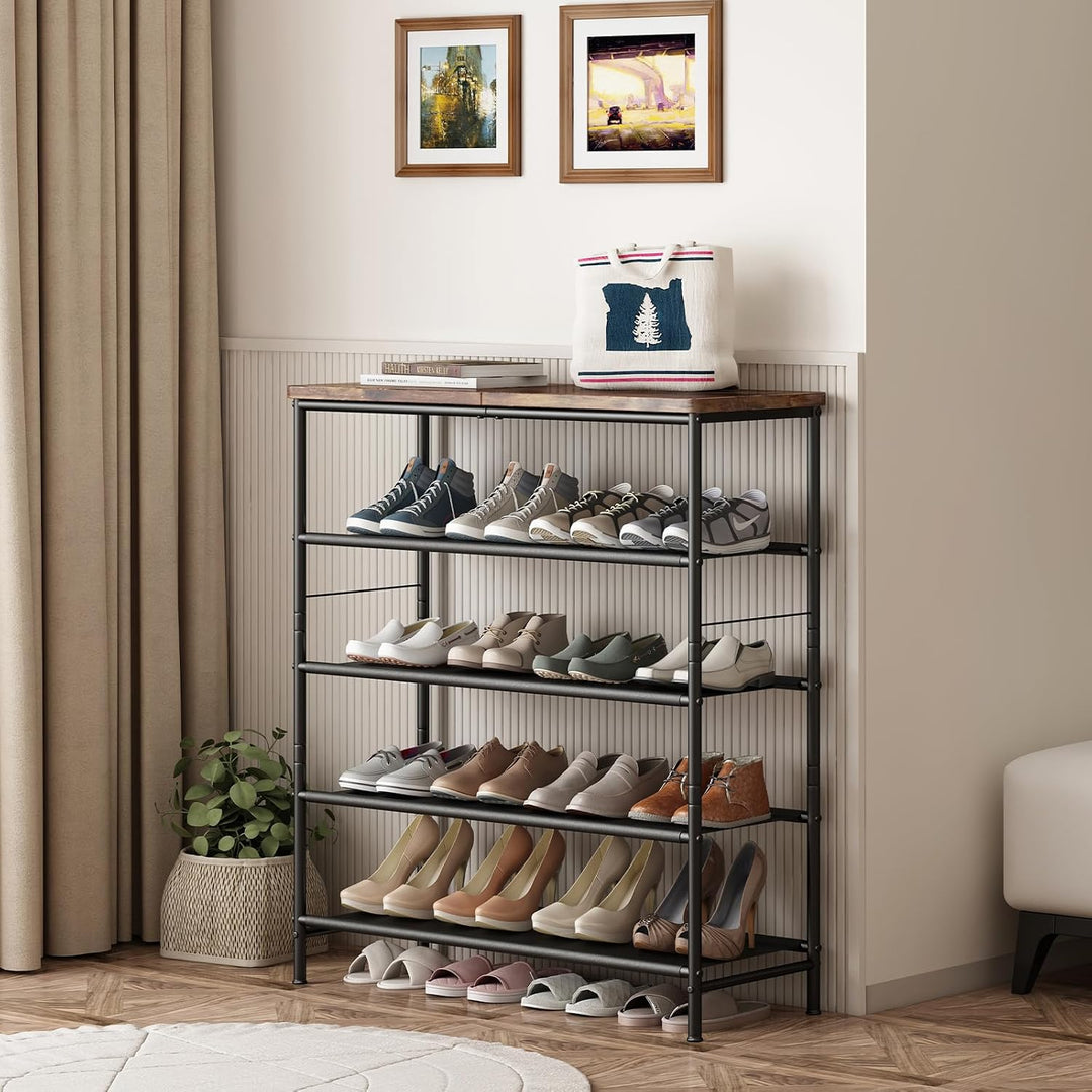 Schuhregal 5 Ebenen Schwarz Metall，mit oberem MDF-Paneel und Regal Vliesstoff，Platzsparend für Einga